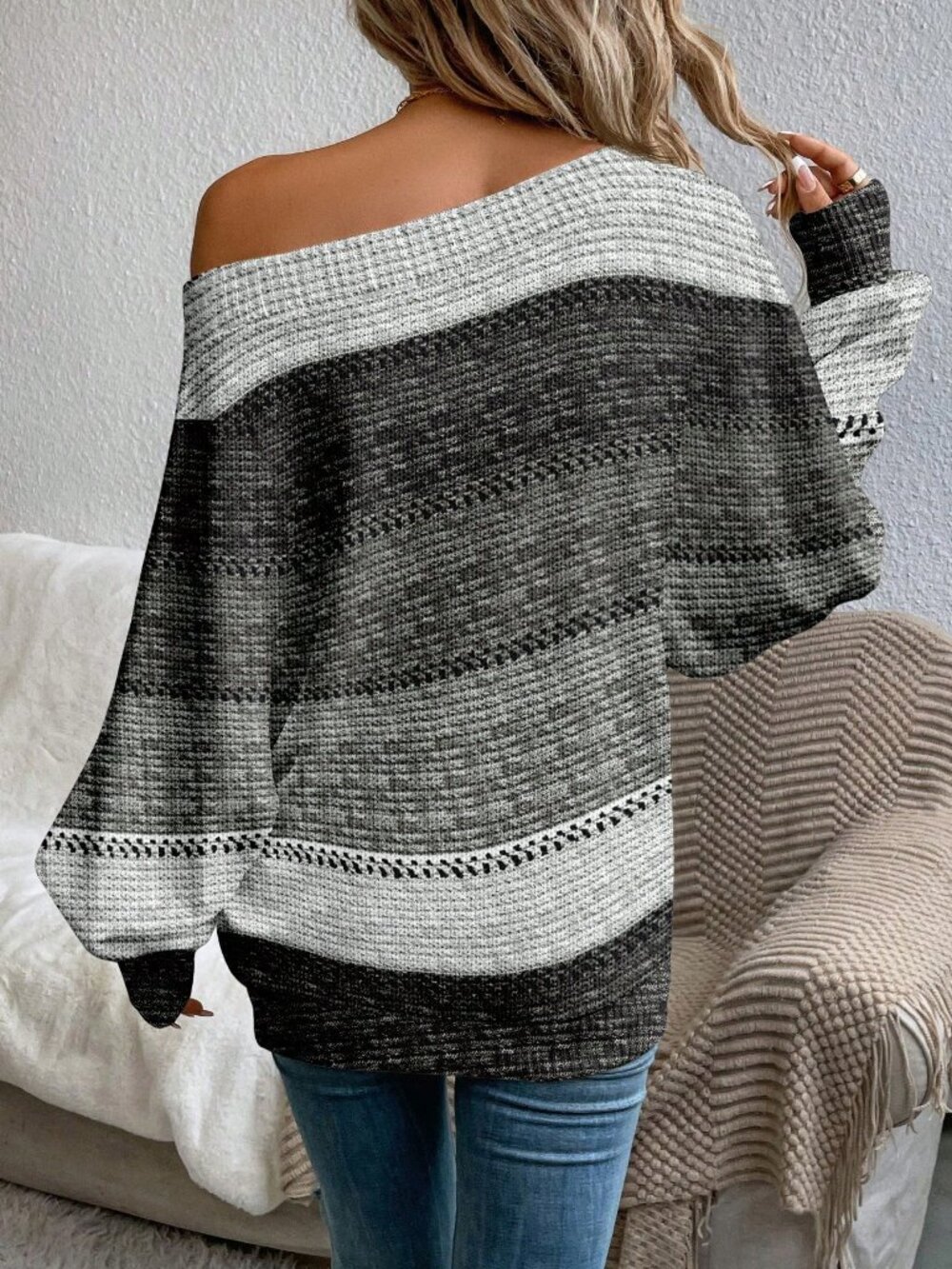 Dark Grey Casual Women's Asymmetrical Rib-Knit Batwing Pullover - Picture 2 of 4